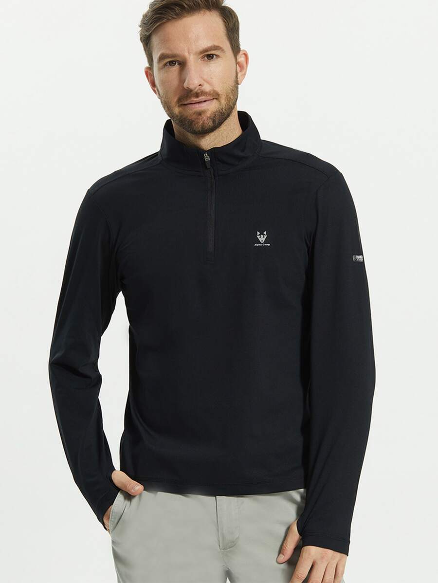 Men Graphic Print Half Zip Tee - Black - View 1