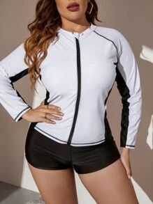 Swim SPRTY Plus Size Color Block High Neck Shorts Rashguard Summer Beach - White - View 1