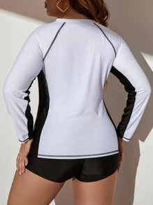 Swim SPRTY Plus Size Color Block High Neck Shorts Rashguard Summer Beach - White - View 2