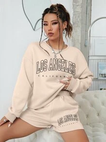 SHEIN EZwear Bộ đồ hai mảnh nữ Lá thư Giải trí - Màu Khaki - Xem 1