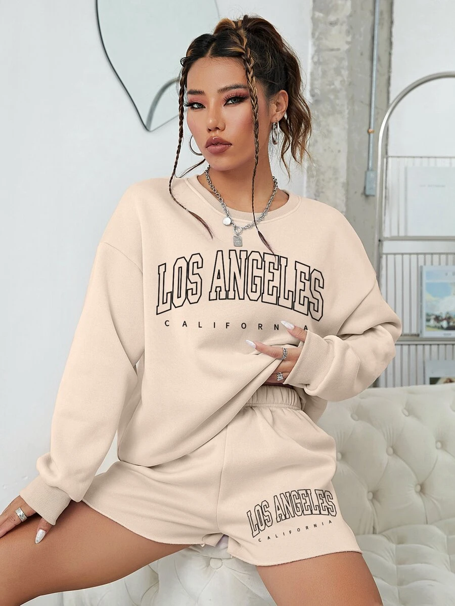 SHEIN EZwear Bộ đồ hai mảnh nữ Lá thư Giải trí - Màu Khaki - Xem 1