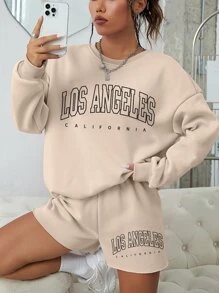 SHEIN EZwear Bộ đồ hai mảnh nữ Lá thư Giải trí - Màu Khaki - Xem 3