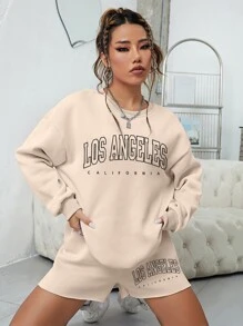 SHEIN EZwear Bộ đồ hai mảnh nữ Lá thư Giải trí - Màu Khaki - Xem 4