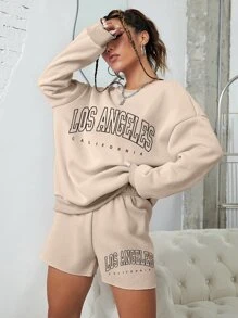 SHEIN EZwear Bộ đồ hai mảnh nữ Lá thư Giải trí - Màu Khaki - Xem 6