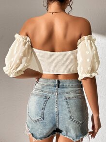 SHEIN VCAY 一字肩泡泡袖前抽繩短款上衣 - 米色 - 查看 2