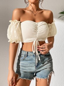 SHEIN VCAY 一字肩泡泡袖前抽繩短款上衣 - 米色 - 查看 5