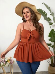SHEIN VCAY Áo hai dây Plus Size Thắt nút Viên lá sen Thắt nơ trước màu trơn Boho - Rỉ Nâu - Xem 3