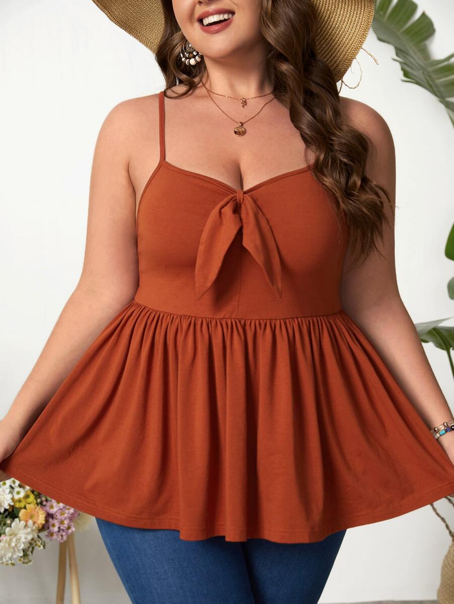 SHEIN VCAY Áo hai dây Plus Size Thắt nút Viên lá sen Thắt nơ trước màu trơn Boho - Rỉ Nâu - Xem 1