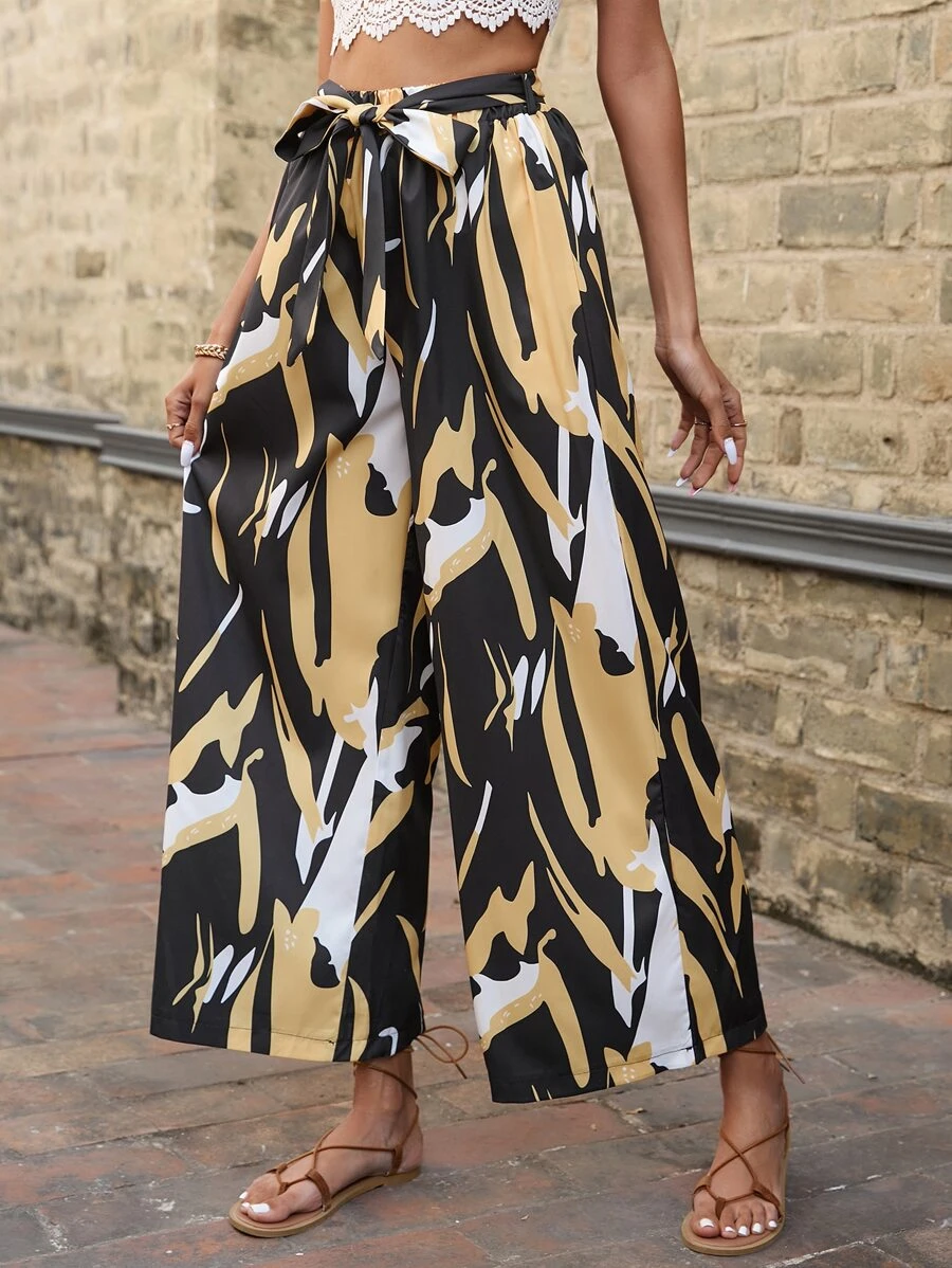 SHEIN VCAY Allover Print Belted Wide Leg Trousers - Black - View 1