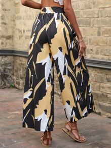 SHEIN VCAY Allover Print Belted Wide Leg Trousers - Black - View 2