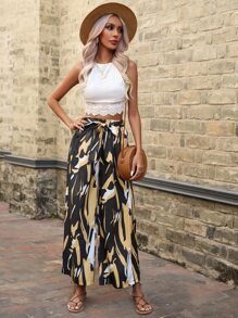 SHEIN VCAY Allover Print Belted Wide Leg Trousers - Black - View 3