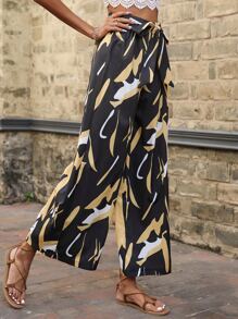 SHEIN VCAY Allover Print Belted Wide Leg Trousers - Black - View 4