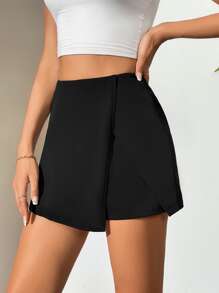 SHEIN Tall Quần đùi nữ Dây kéo màu trơn Giải trí - màu đen - Xem 3