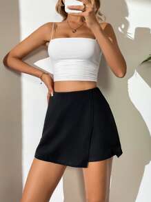 SHEIN Tall Quần đùi nữ Dây kéo màu trơn Giải trí - màu đen - Xem 4