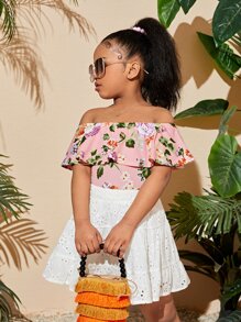 SHEIN Girls Floral Print Off Shoulder Blouse - Multicolor - View 1