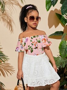 SHEIN Girls Floral Print Off Shoulder Blouse - Multicolor - View 5