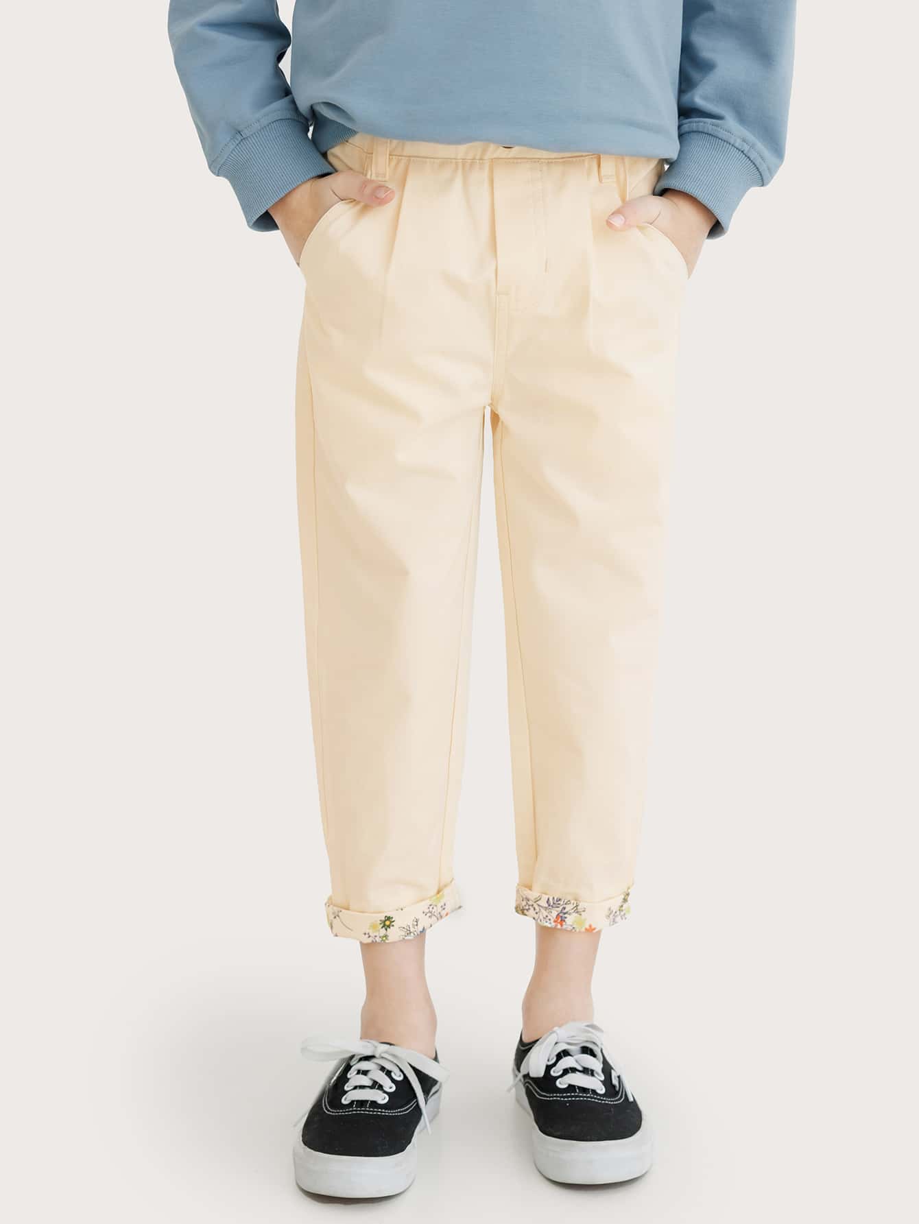 Girls Elastic Waist Floral Print Pants - Apricot - View 1