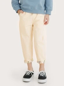 Girls Elastic Waist Floral Print Pants - Apricot - View 6