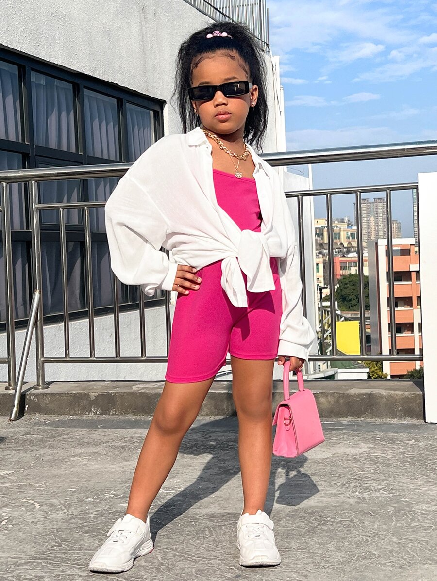 SHEIN 女孩落肩袖襯衫和彈力緊身連體短褲