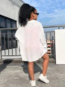 SHEIN 女孩落肩袖襯衫和彈力緊身連體短褲