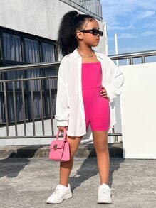 SHEIN 女孩落肩袖襯衫和彈力緊身連體短褲