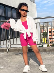 SHEIN 女孩落肩袖襯衫和彈力緊身連體短褲