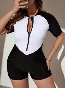 SHEIN Swim Curve Plus Color Block Raglan Sleeve One Piece Swimsuit - Black and White - View 1