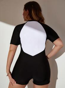 SHEIN Swim Curve Plus Color Block Raglan Sleeve One Piece Swimsuit - Black and White - View 2