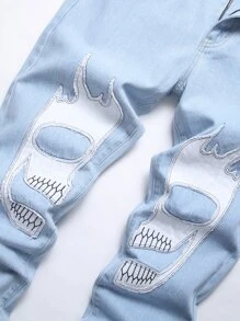 Men Graphic Print Slant Pocket Jeans - Light Wash - View 4