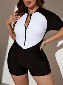 SHEIN Swim Curve Plus Color Block Raglan Sleeve One Piece Swimsuit - Black and White - View 4