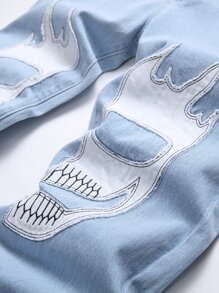 Men Graphic Print Slant Pocket Jeans - Light Wash - View 6