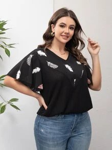 SHEIN LUNE Plus Feather Print Butterfly Sleeve Top - Black - View 5