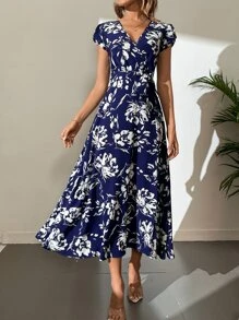 SHEIN Tall 滿版印花高衩繫腰帶連衣裙 - 藍色 - 查看 2