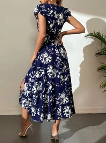 SHEIN Tall 滿版印花高衩繫腰帶連衣裙 - 藍色 - 查看 3