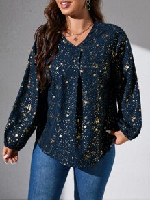 SHEIN LUNE Plus Gold Star Print Lantern Sleeve Blouse - Navy Blue - View 1