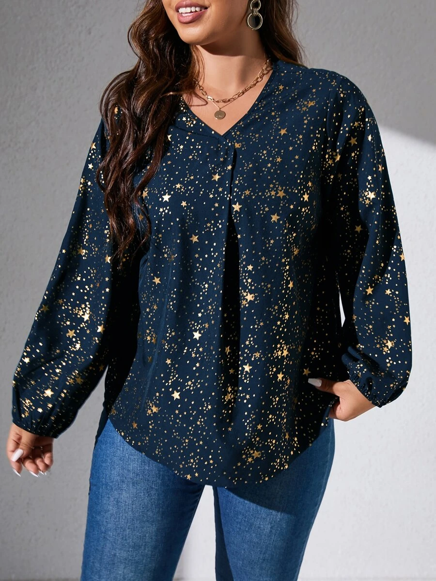SHEIN LUNE Plus Gold Star Print Lantern Sleeve Blouse - Navy Blue - View 1