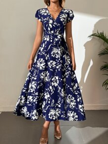 SHEIN Tall 滿版印花高衩繫腰帶連衣裙 - 藍色 - 查看 5