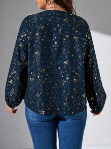 SHEIN LUNE Plus Gold Star Print Lantern Sleeve Blouse - Navy Blue - View 2