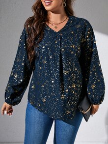 SHEIN LUNE Plus Gold Star Print Lantern Sleeve Blouse - Navy Blue - View 3