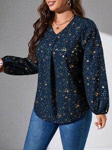 SHEIN LUNE Plus Gold Star Print Lantern Sleeve Blouse - Navy Blue - View 4