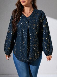 SHEIN LUNE Plus Gold Star Print Lantern Sleeve Blouse - Navy Blue - View 5