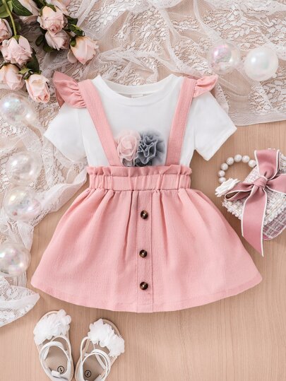 嬰兒冰淇淋圖案T恤和荷葉邊背带半身裙