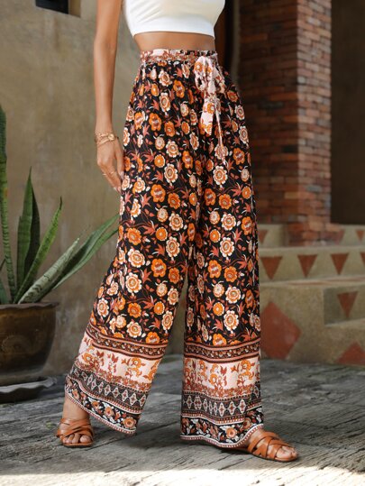 SHEIN VCAY Pantaloni a gamba larga con stampa floreale con cintura
