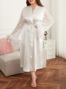 Bata con encaje de pestaña en contraste ribete lanudo con cinturón de satén - Blanco - Ver 3
