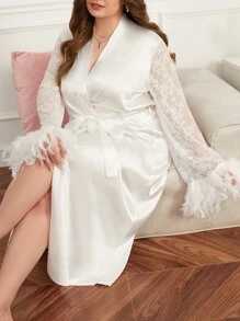 Bata con encaje de pestaña en contraste ribete lanudo con cinturón de satén - Blanco - Ver 4