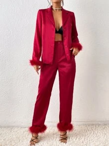SHEIN BAE Fuzzy Trim Satin Shirt & Trousers - Burgundy - View 3