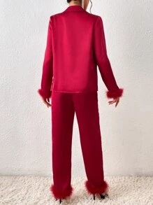 SHEIN BAE Fuzzy Trim Satin Shirt & Trousers - Burgundy - View 2