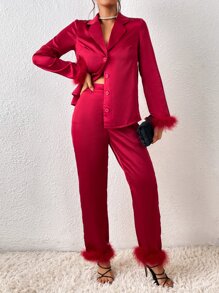 SHEIN BAE Fuzzy Trim Satin Shirt & Trousers - Burgundy - View 4