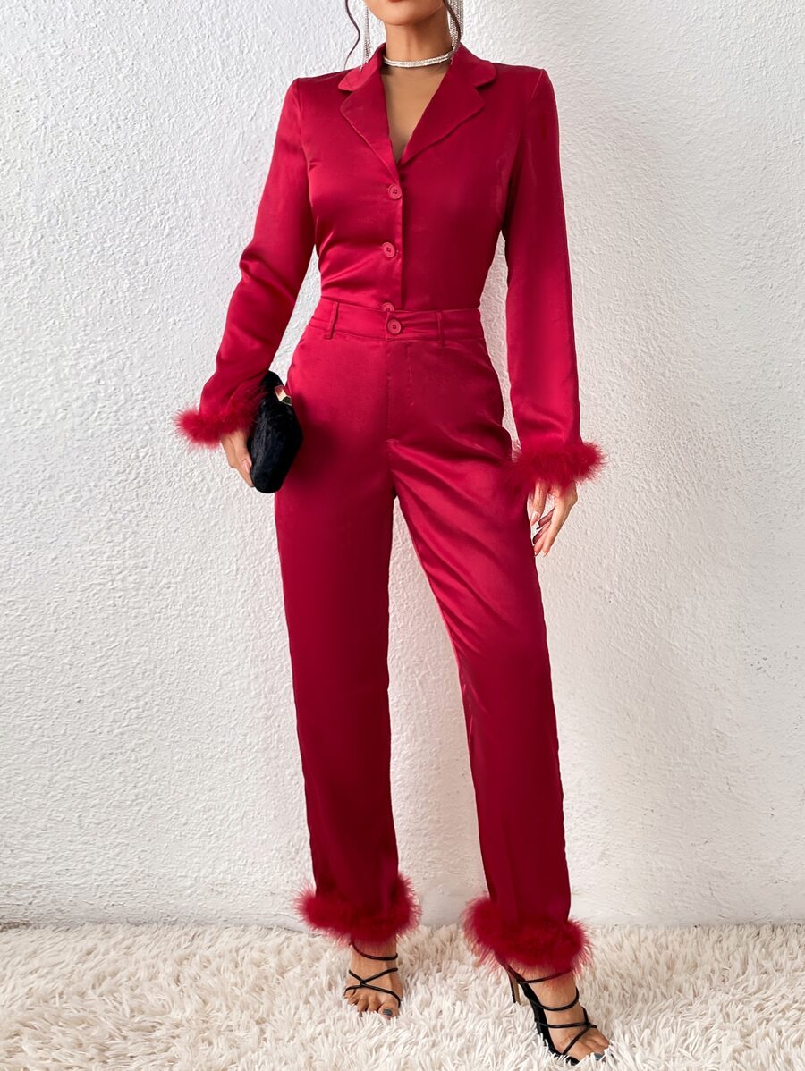 SHEIN BAE Fuzzy Trim Satin Shirt & Trousers - Burgundy - View 1