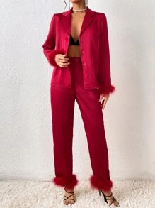 SHEIN BAE Fuzzy Trim Satin Shirt & Trousers - Burgundy - View 5